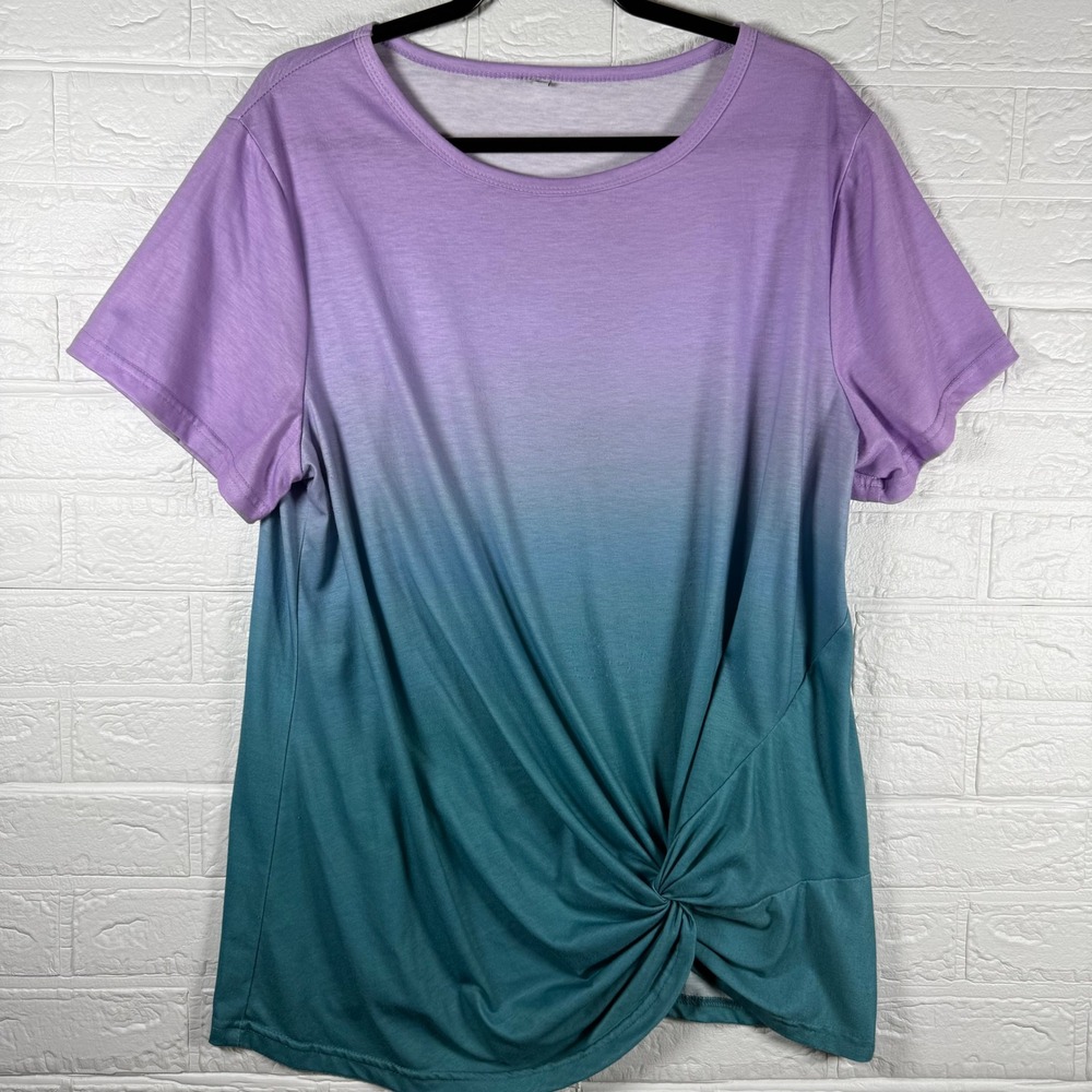 Ombre Twist Front Top Women XL Purple Blue Short Sleeve T-Shirt